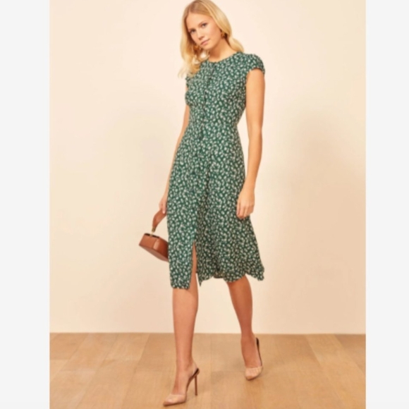 REFORMATION Green White Ditsy Floral Wyoming Button Front Fauna Midi Dress - Picture 2 of 10